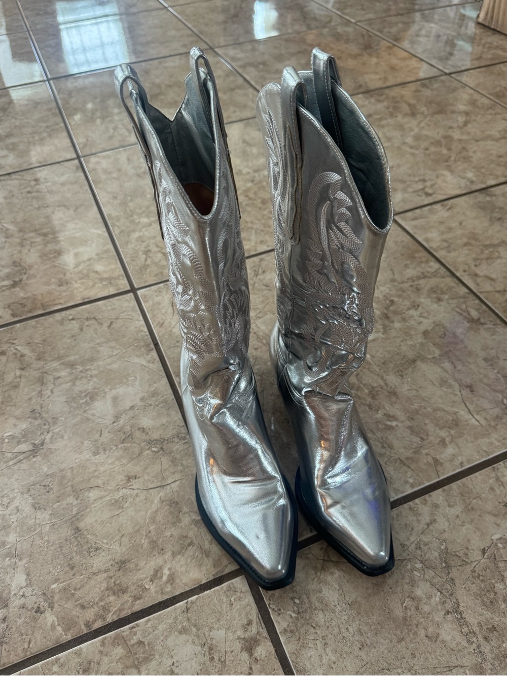 Silver Metallic Western Knee-High Boots for Women